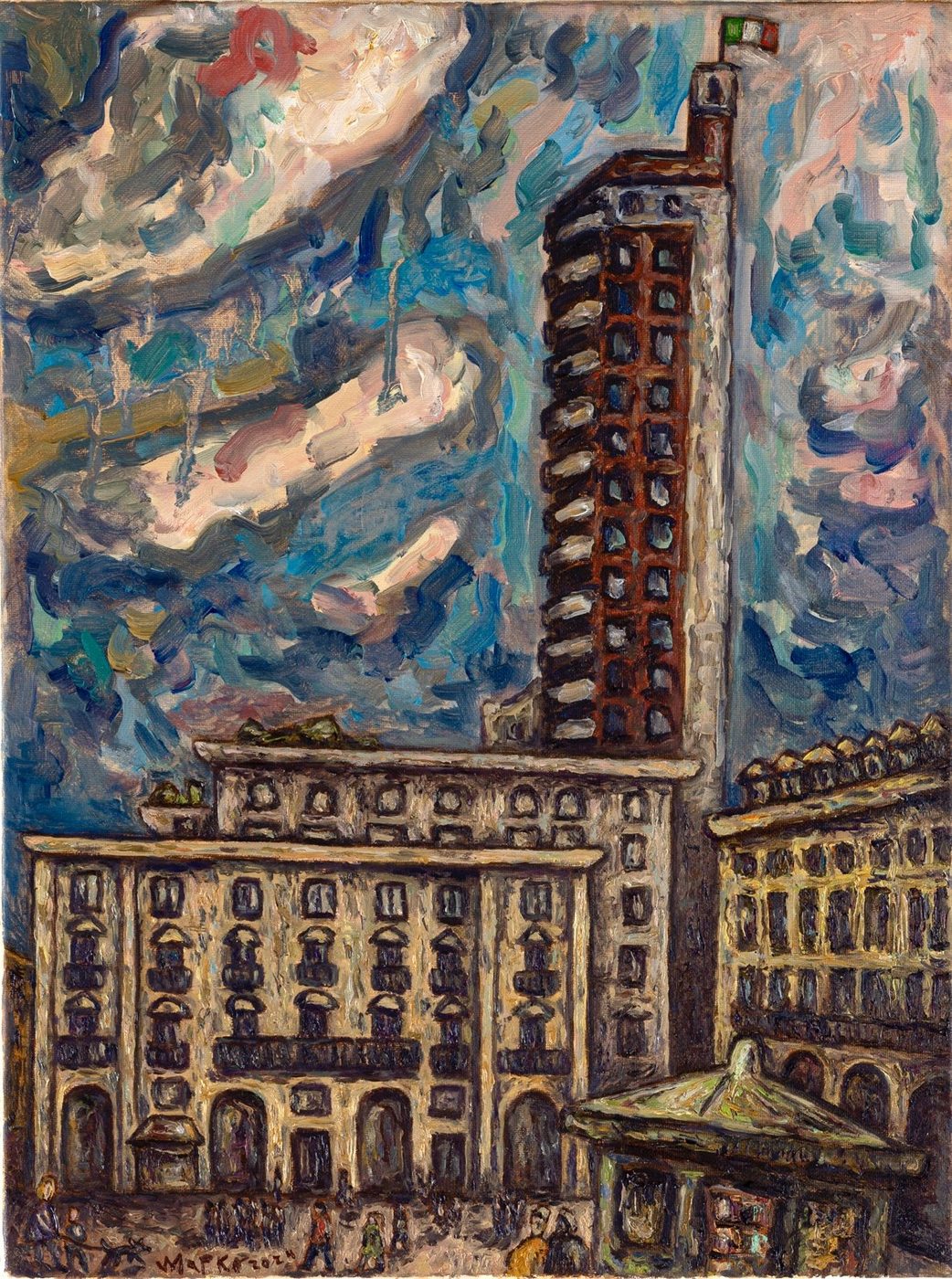 Toranj Torre Littoria izdiže se nad fasadama Piazza Castello; nebo je razbijeno u kratke poteze boje.